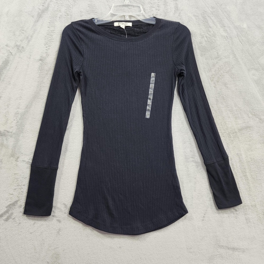 NEW Vintage Energie Shirt Women M Black Ribbed Long Sleeve Grunge Whimsigoth Y2K